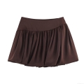 Women Sweet Puffy Mini Skirt High Waist Bubble Hem Pleated Dark Brown Satin Polyester Short Skirt for Daily Date Party Wear