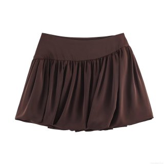 Women Sweet Puffy Mini Skirt High Waist Bubble Hem Pleated Dark Brown Satin Polyester Short Skirt for Daily Date Party Wear