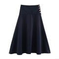 Women High Waist A-Line Skirt With Gold Buttons Elegant Office Midi Skirt Black Solid Color Polyester Spandex Skirts For Women