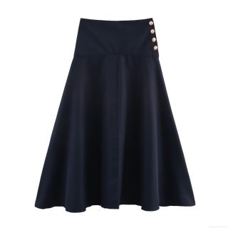 Women High Waist A-Line Skirt With Gold Buttons Elegant Office Midi Skirt Black Solid Color Polyester Spandex Skirts For Women