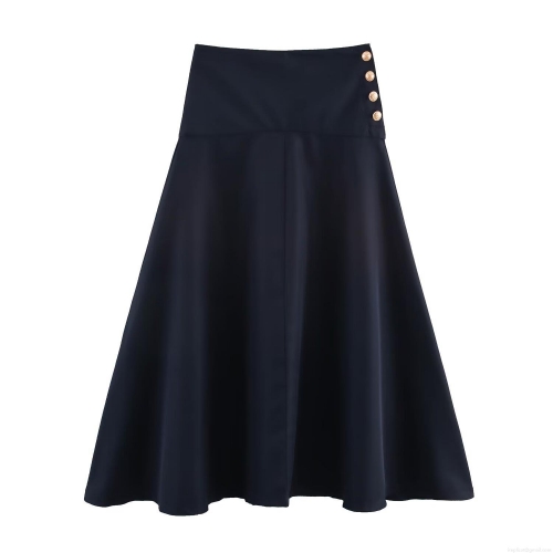 Women High Waist A-Line Skirt With Gold Buttons Elegant Office Midi Skirt Black Solid Color Polyester Spandex Skirts For Women