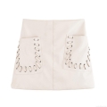 Women's Sexy PU Leather High Waist A-Line Mini Skirt With Side Lace-up Pockets and Metal Eyelets Fashionable Hot Girl Style Short Skirt For Party Clubwear