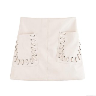 Women's Sexy PU Leather High Waist A-Line Mini Skirt With Side Lace-up Pockets and Metal Eyelets Fashionable Hot Girl Style Short Skirt For Party Clubwear
