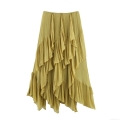 Women's Elegant Pleated A-Line Midi Skirt Layered Ruffle Asymmetric Chiffon High Waist Solid Color Skirts for Summer Vacation Daily Wear