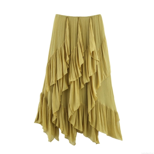 Women's Elegant Pleated A-Line Midi Skirt Layered Ruffle Asymmetric Chiffon High Waist Solid Color Skirts for Summer Vacation Daily Wear