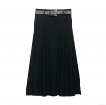 Women's Elegant High Waist A-Line Black Midi Skirt With Woven Belt 100% Polyester Commuter Office Long Skirt Fashion Casual Wear Ladies Summer Spring Bottoms