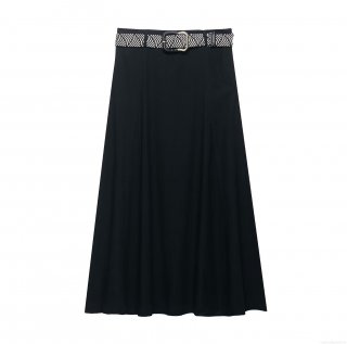 Women's Elegant High Waist A-Line Black Midi Skirt With Woven Belt 100% Polyester Commuter Office Long Skirt Fashion Casual Wear Ladies Summer Spring Bottoms