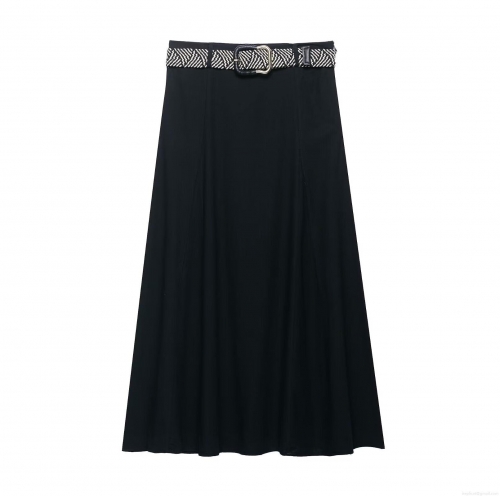 Women's Elegant High Waist A-Line Black Midi Skirt With Woven Belt 100% Polyester Commuter Office Long Skirt Fashion Casual Wear Ladies Summer Spring Bottoms