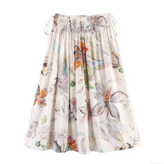 Women Elegant Floral Print Midi Skirt Polyester Spandex Elastic Smocked High Waist A-Line Skirt With Side Drawstrings Vintage Butterfly Pattern Daily Commute Casual Skirt
