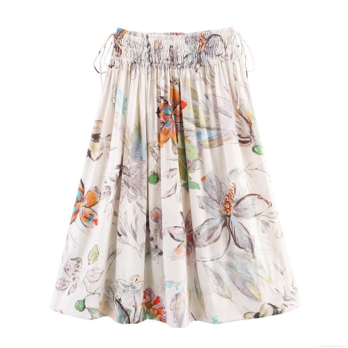 Women Elegant Floral Print Midi Skirt Polyester Spandex Elastic Smocked High Waist A-Line Skirt With Side Drawstrings Vintage Butterfly Pattern Daily Commute Casual Skirt