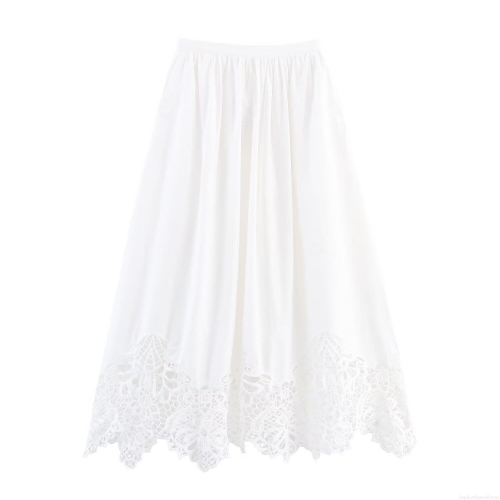 Women's Summer Elegant White Lace Embroidery Midi Skirt Sweet Hollow Out Cotton Blend A-Line Skirt High Waist Casual Daily Bottoms