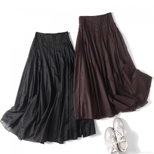 Women's Elegant High Waist Pleated Maxi Skirt Cotton Blend Satin Glossy A-Line Long Skirt Office Lady Chic Daily Casual Solid Color Skirt