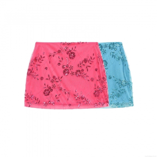 Women Sexy Sequin Beaded Mini Skirt Mesh Embroidery Slim Fit Hip Wrap Party Skirt Summer Nightclub Clubwear