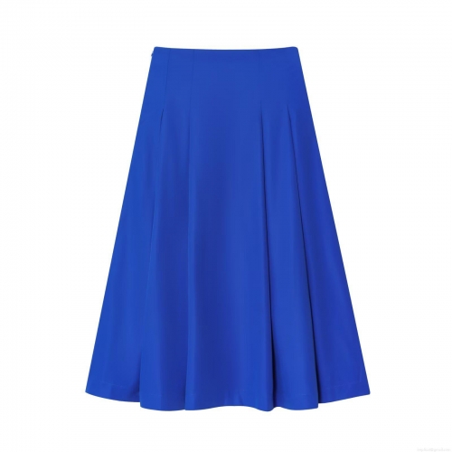 Women's Elegant Royal Blue Pleated A-Line Midi Skirt High Waisted Polyester Spandex Skirt with Side Zipper and Pockets Office Commute Summer Skirts for Women