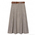 Women's Houndstooth High Waist A-Line Midi Skirt Vintage Elegant Plaid Flare Long Skirt With PU Leather Belt For Office Streetwear Casual Wear