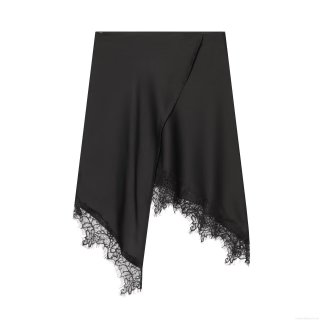 Elegant Satin Lace Patchwork Asymmetric Skirt Polyester Irregular Hem Side Zipper Sexy High Waist Midi Skirt For Women Party Clubwear Solid Black Bottom