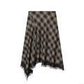 Women Asymmetrical Plaid Skirt With Black Lace Trim Sexy High Waist Patchwork Mid Length Skirt For Party Clubwear Streetwear Retro Polyester Bottoms