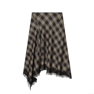 Women Asymmetrical Plaid Skirt With Black Lace Trim Sexy High Waist Patchwork Mid Length Skirt For Party Clubwear Streetwear Retro Polyester Bottoms