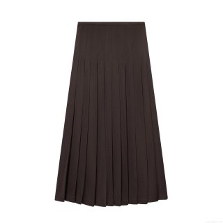 Women's Fashion Solid Chocolate Brown Pleated Maxi Skirt High Waist Elegant Polyester Twill A-Line Long Skirt for Streetwear