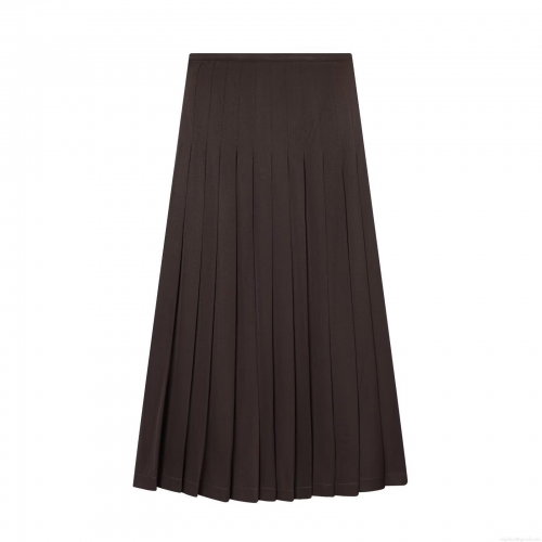 Women's Fashion Solid Chocolate Brown Pleated Maxi Skirt High Waist Elegant Polyester Twill A-Line Long Skirt for Streetwear