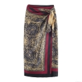 Women's Elegant Satin Midi Wrap Skirt Vintage Paisley Striped Print Asymmetric Tie Knot Holiday Casual A-Line Skirt For Women