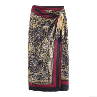 Women's Elegant Satin Midi Wrap Skirt Vintage Paisley Striped Print Asymmetric Tie Knot Holiday Casual A-Line Skirt For Women
