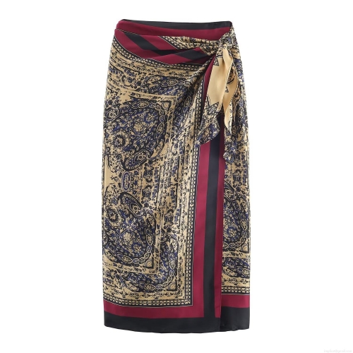 Women's Elegant Satin Midi Wrap Skirt Vintage Paisley Striped Print Asymmetric Tie Knot Holiday Casual A-Line Skirt For Women