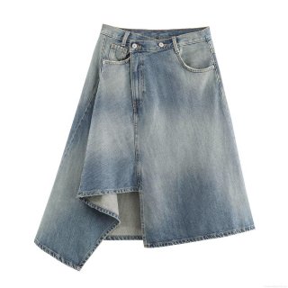 Women's Asymmetric Denim Midi Skirt Irregular Double Waistband Washed Blue Jean Skirts Casual Fashion Streetwear Bottoms For Lady