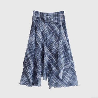 Women's High Waist Asymmetric Plaid Midi Skirt Irregular Hem Chiffon Checkered Skirt Ruched A-Line Flowy Skirts For Casual Summer Party Holiday
