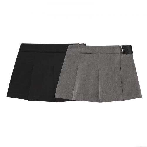 Women's High Waist Pleated Mini Skort With PU Leather Belt Solid Color Polyester Spicy Style Short Skirt For Autumn Daily Streetwear