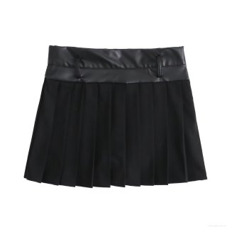 Women's PU Leather Patchwork Pleated Mini Skirt High Waist Fashionable Casual A-Line Skort With Built-in Safety Shorts For Autumn Daily Streetwear Outfits