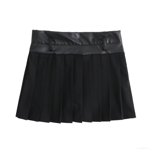 Women's PU Leather Patchwork Pleated Mini Skirt High Waist Fashionable Casual A-Line Skort With Built-in Safety Shorts For Autumn Daily Streetwear Outfits