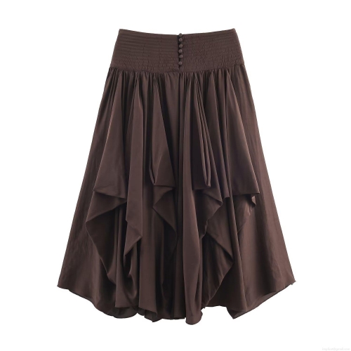Women's Elegant Pleated Midi Skirt High Waist Layered A-Line Skirt With Buttons Decoration Coffee Brown Polyester Spandex Skirt For Casual Office Work