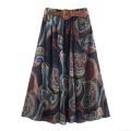 Women Bohemian Paisley Print Midi Skirt With Brown Leather Belt Metallic Thread High Waist A-Line Long Skirt For Casual Vacation Ladies Fashion