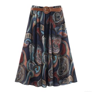 Women Bohemian Paisley Print Midi Skirt With Brown Leather Belt Metallic Thread High Waist A-Line Long Skirt For Casual Vacation Ladies Fashion