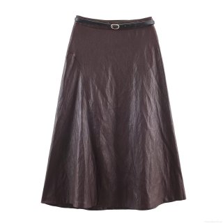 Women's High Waist Faux Leather A-Line Midi Skirt With Belt Elegant Solid Burgundy PU Leather Skirt For Winter Office Commute