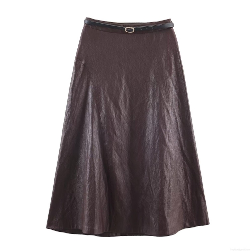 Women's High Waist Faux Leather A-Line Midi Skirt With Belt Elegant Solid Burgundy PU Leather Skirt For Winter Office Commute