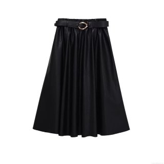 Women's Mid-Length PU Leather Skirt High Waist Pleated A-Line Skirt With Gold Buckle Belt Elegant Commute Solid Black Faux Leather Skirt Fashion Winter Bottoms