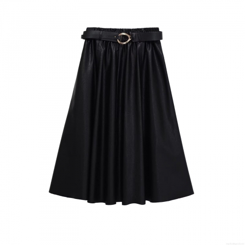 Women's Mid-Length PU Leather Skirt High Waist Pleated A-Line Skirt With Gold Buckle Belt Elegant Commute Solid Black Faux Leather Skirt Fashion Winter Bottoms