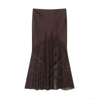 Elegant Satin Lace Patchwork Fishtail Midi Skirt High Waist Solid Color Slim Fit Long Skirt For Women Winter Office Lady