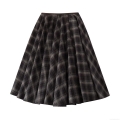 Women's High Waist Plaid A-Line Midi Skirt Retro Preppy Style Checkered Woven Skirt With Invisible Zipper Leather Trim Detail For Office School Daily Wear