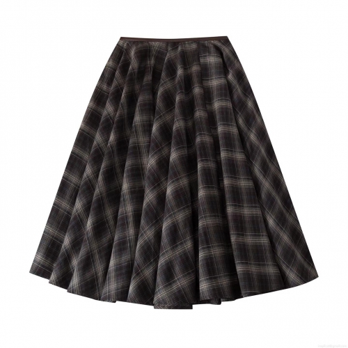 Women's High Waist Plaid A-Line Midi Skirt Retro Preppy Style Checkered Woven Skirt With Invisible Zipper Leather Trim Detail For Office School Daily Wear