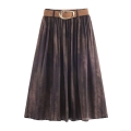 Women's Elegant Blurred Print Midi Skirt With Belt High Waist A-Line Pleated Polyester Skirt For Office Daily Commuting