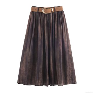 Women's Elegant Blurred Print Midi Skirt With Belt High Waist A-Line Pleated Polyester Skirt For Office Daily Commuting