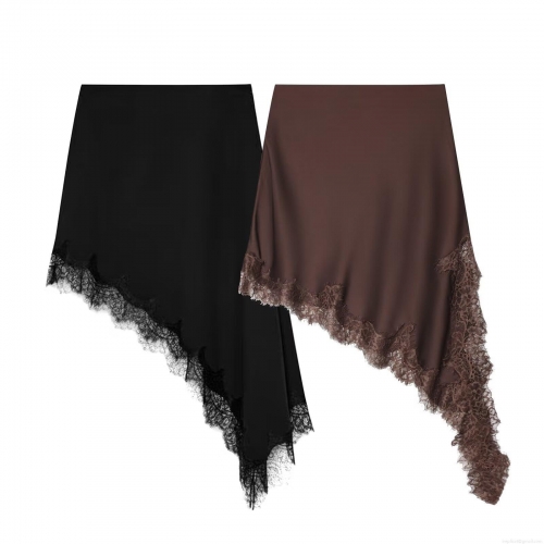 Women Elegant Asymmetric Lace Patchwork Satin Midi Skirt Sexy High Waist Vacation Skirt Solid Color Polyester A-Line Skirt For Ladies