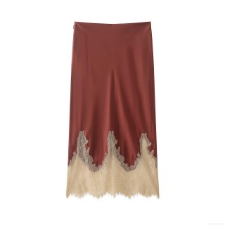 Women's Elegant Satin A-Line Midi Skirt With Contrast Lace Trim High Waist Brick Red Long Skirt For Party Office Dating Lady Chic Silk Like Bottoms
