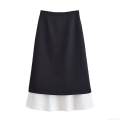 Women's Elegant Black White Patchwork Midi Skirt Fashion 100% Polyester High Waist Ruffle Hem A-Line Skirt For Commute Party Dating Winter