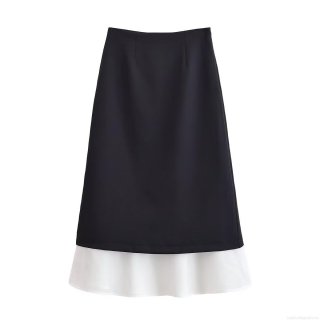 Women's Elegant Black White Patchwork Midi Skirt Fashion 100% Polyester High Waist Ruffle Hem A-Line Skirt For Commute Party Dating Winter