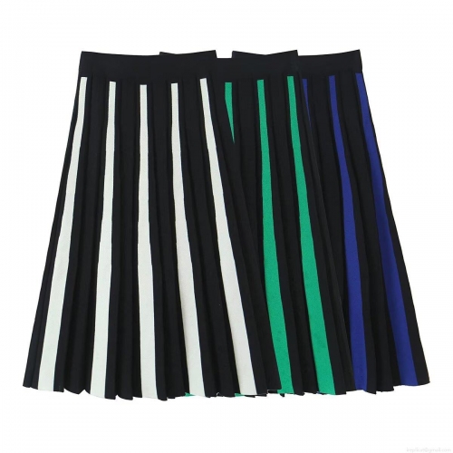 Women's Knitted Striped Pleated Midi Skirt Sexy Color Block High Waist A-Line Knitted Skirt For Streetwear Casual Bodycon Polyester Bottoms