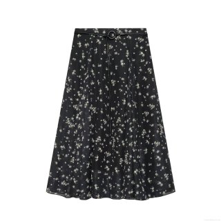 Women Daisy Print Chiffon Skirt Vintage Black Floral A-Line Pleated Skirt With Belt Summer Casual Holiday Midi Skirt For Women Girls